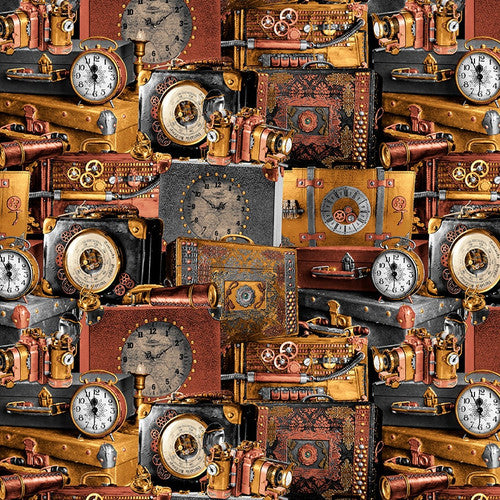 Steampunk Luggage Time travel by Blank quilting 3019-39  clocks