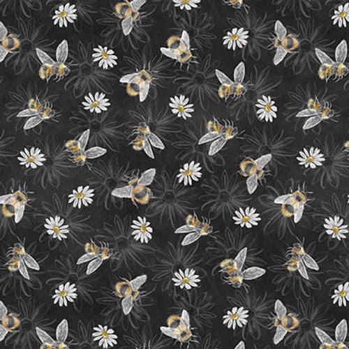 Blank Quilting  Lily Ford  Late Summer Harvest   Bees  Flowers  Charcoal  Dark Gray  White  Yellow
