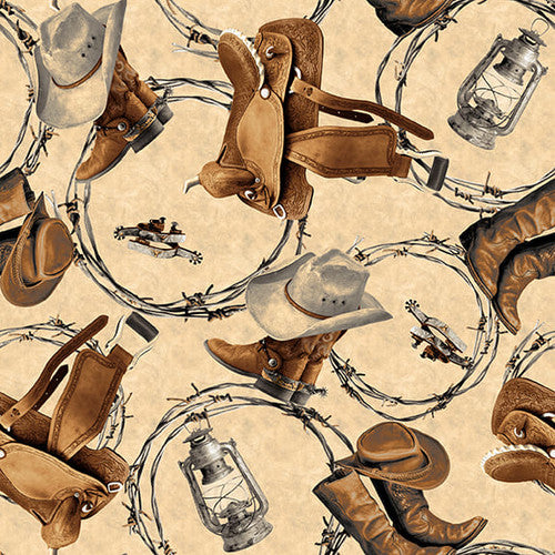 Cowboy Culture Blank Fabrics  Urban Essence Designs  Tossed Cowboy Motifs Brown Cream Gray