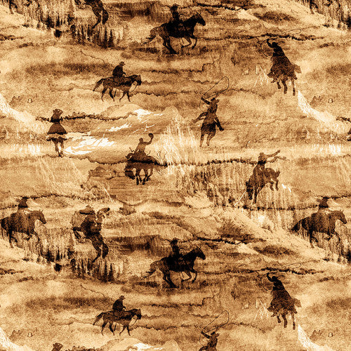 Cowboy Culture Blank Fabrics  Urban Essence Designs  Cowboy Silhouettes Brown Cream 
