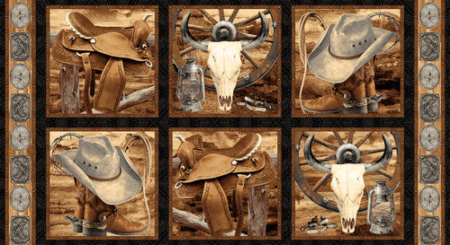 Cowboy Culture Blank Fabrics  Urban Essence Designs   Cowboy Blocks  Panel  36" Brown Cream  Black