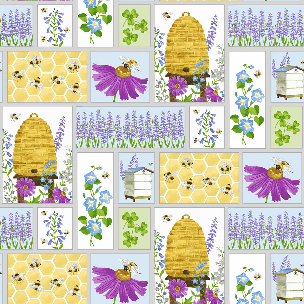 Buzzy Bees  Jane Alison  Henry Glass  Multi Patchwork  Bees  Floral  Purple Blue Cream Yellow