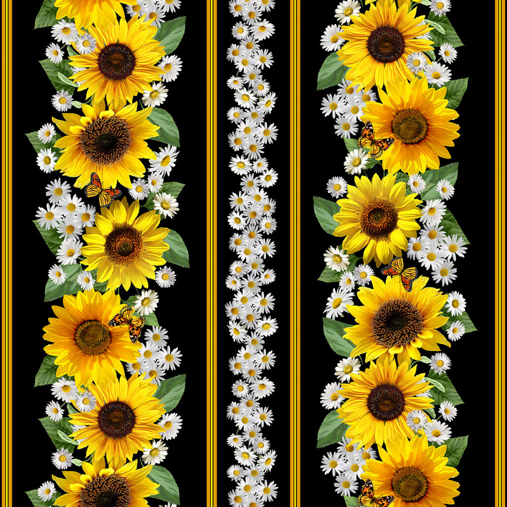 Advise From a Sunflower  Timeless Treasures  Black Sunflower & Butterflies Stripe  Yellow  White  Green  Black
