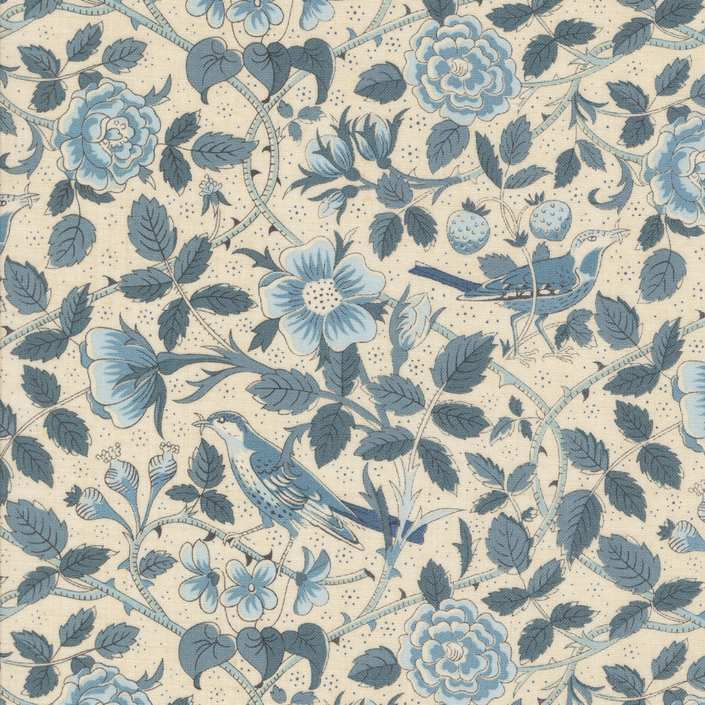 Sacre Bleu -Pearl French Blue  - Moda - French General - Oiseaux Florals Birds - Reproduction - Natural - Light Blue