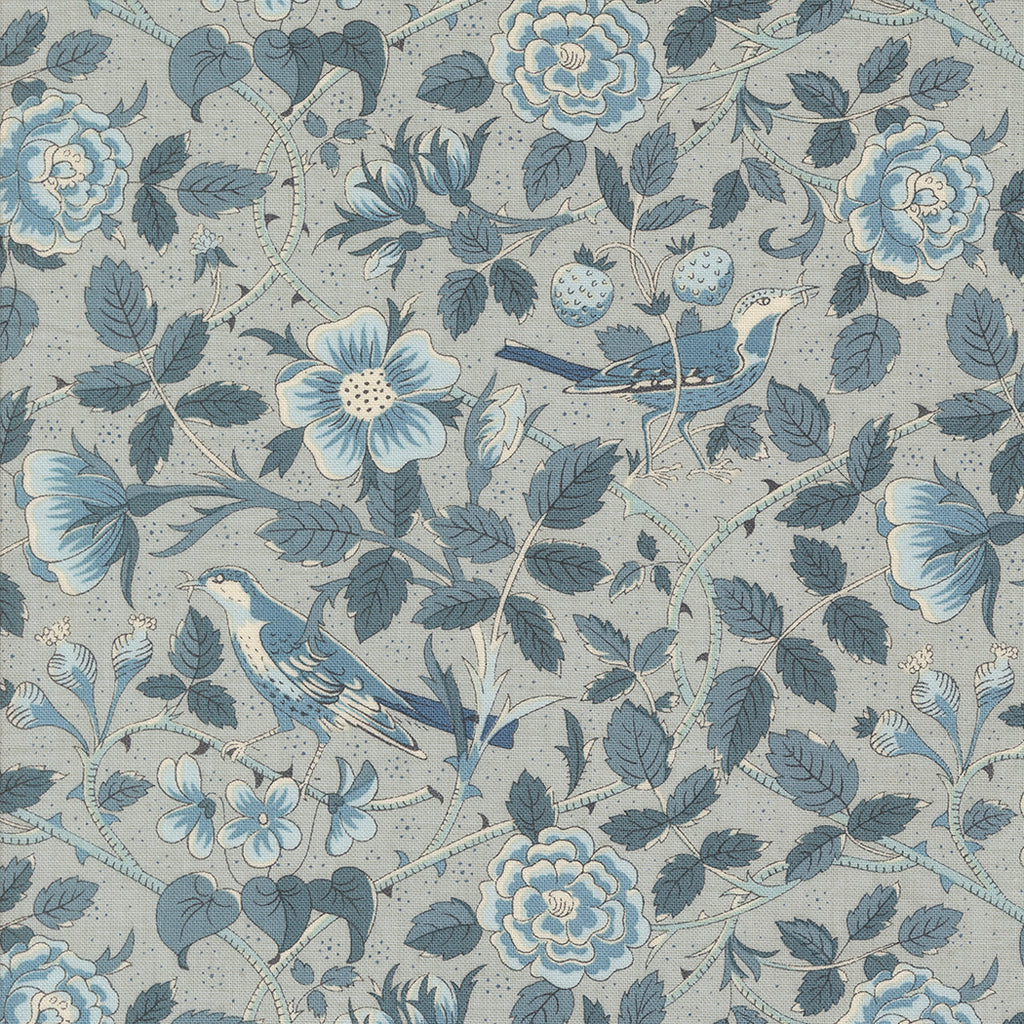 Sacre Bleu -Ciel  Blue  - Moda - French General - Oiseaux Florals Birds - Reproduction - Gray - Light Blue