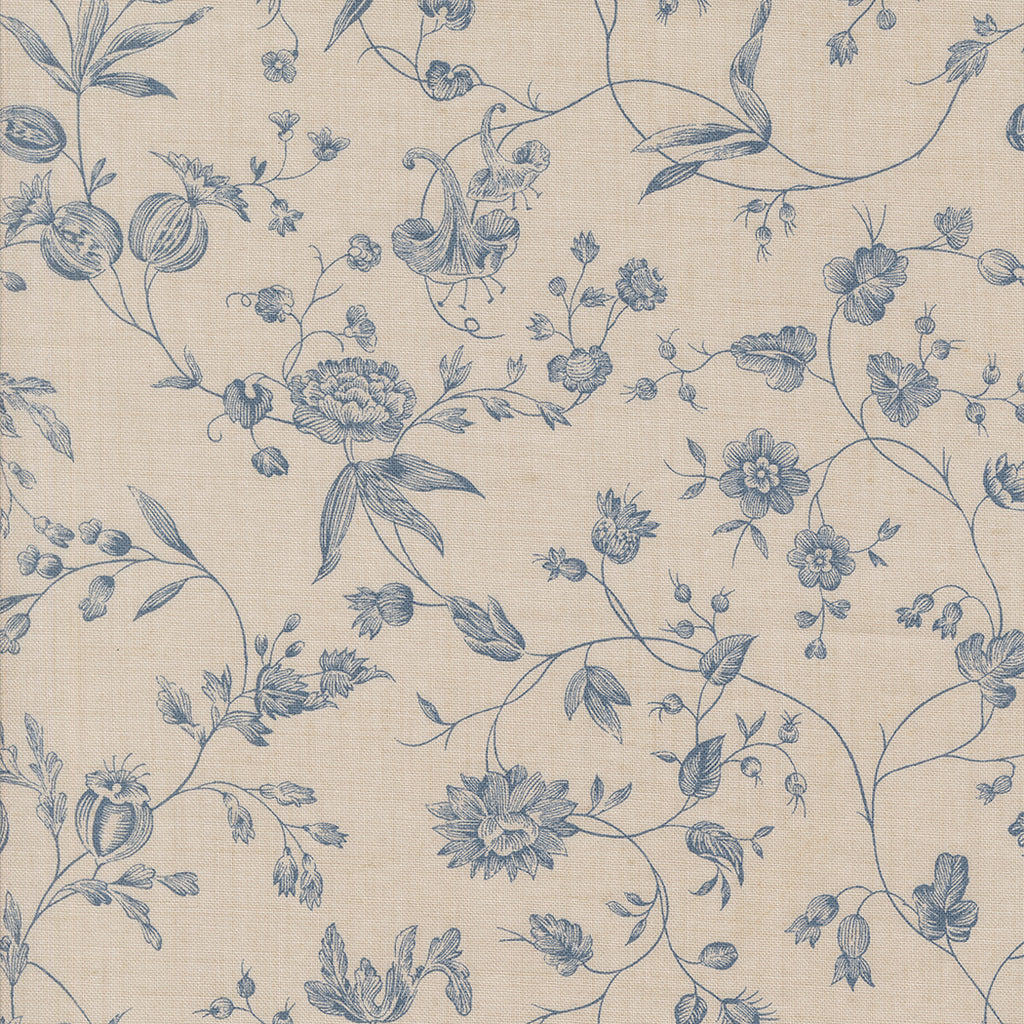 Sacre Bleu -Smoke French Blue  - Moda - French General - Pivoine Florals Vines - Reproduction - Light Blue - Grey