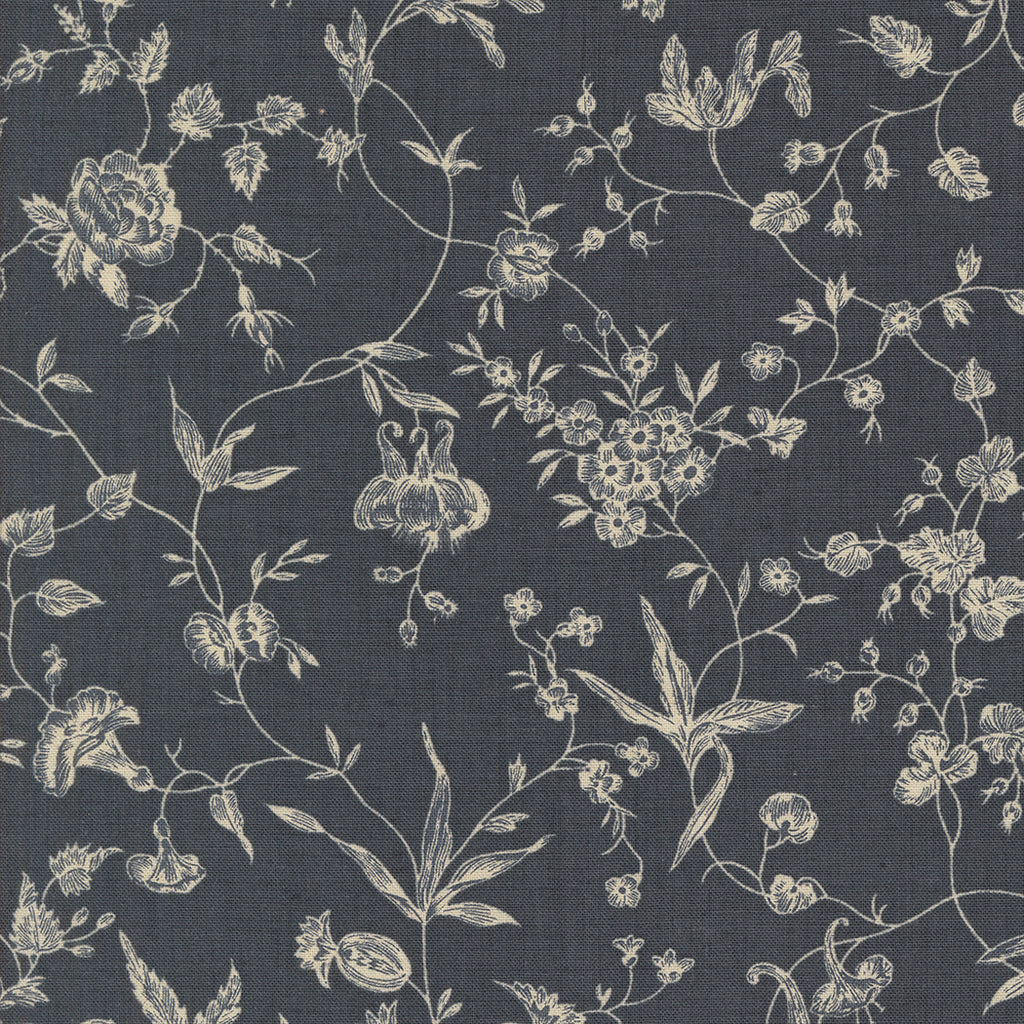 Sacre Bleu -Indigo  - Moda - French General - Pivoine Florals Vines - Reproduction - Navy - Grey