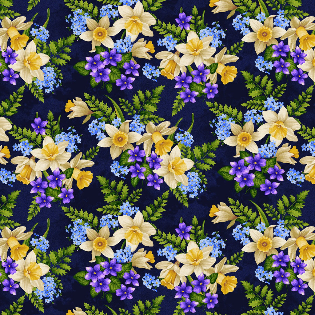 Nature's Affair  Jan Mott  Henry Glass  Indigo Tossed Bouquets  Navy Yellow Green Blue Purple   Floral