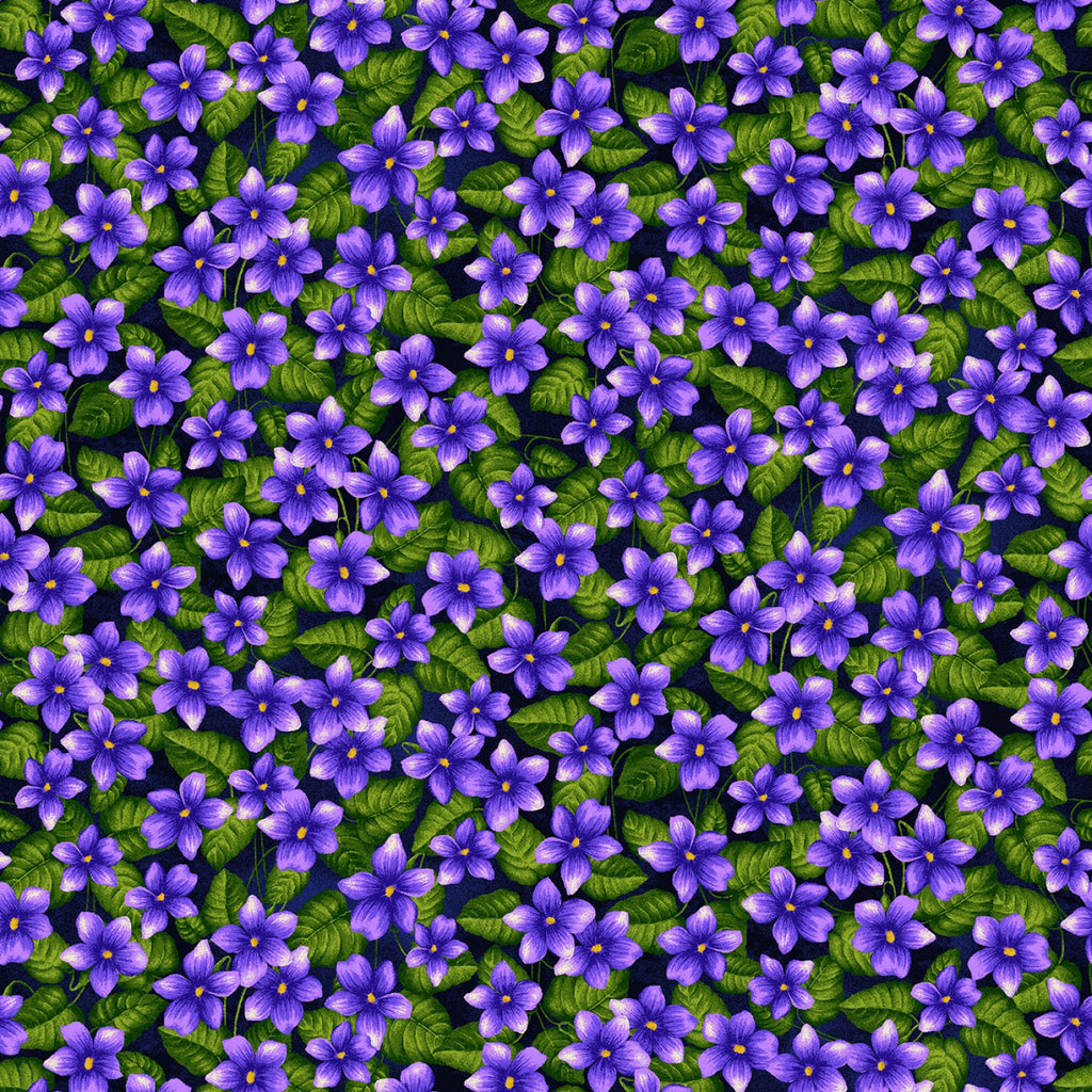 Nature's Affair  Jan Mott  Henry Glass  Indigo Violets Allover  Purple  Navy Floral