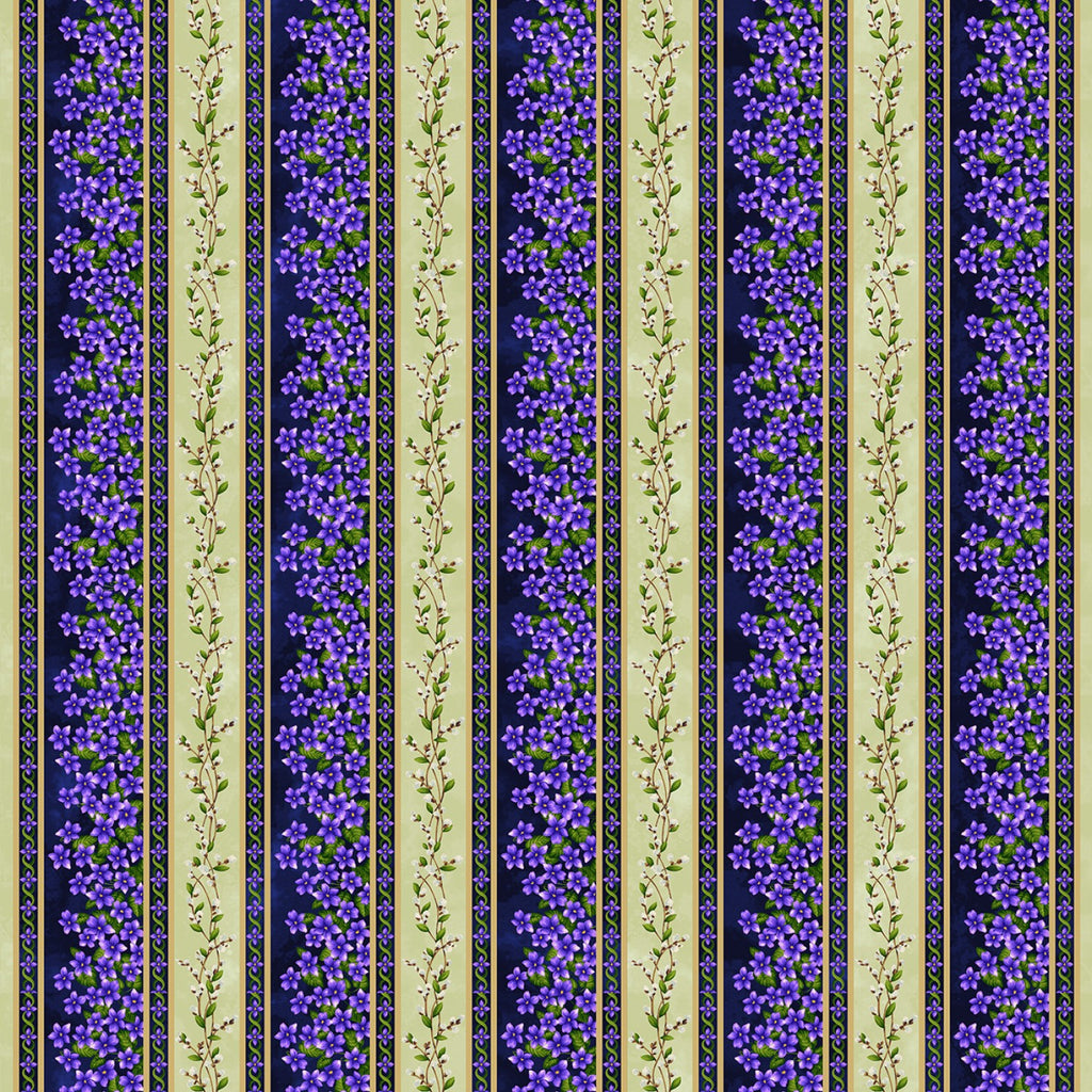 Nature's Affair  Jan Mott  Henry Glass  Indigo Border Stripe  Purple Green Indigo Floral