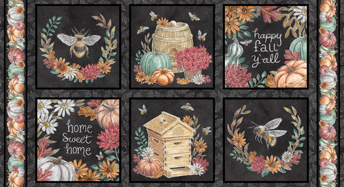 Blank Quilting  Lily Ford  Late Summer Harvest  6 block Panel  24"  Panel  Bees   Hives  Flowers  Pumpkins Orange  Red  Green  Dark Gray  Yellow  White  Black