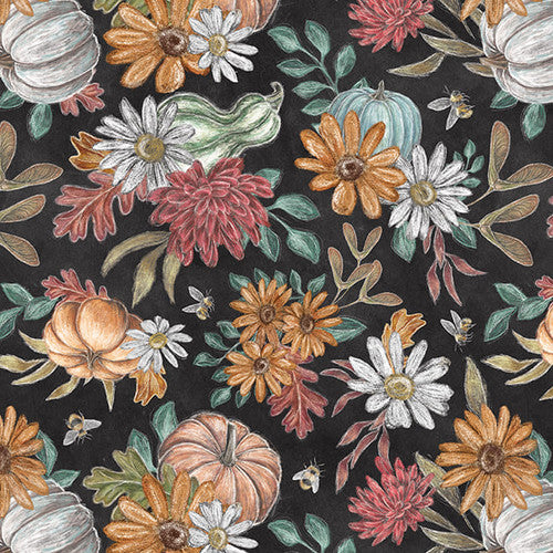 Late Summer Harvest  Lily Ford  Blank Quilting  Flowers  Pumpkins Red  Green  Orange  Dark Gray