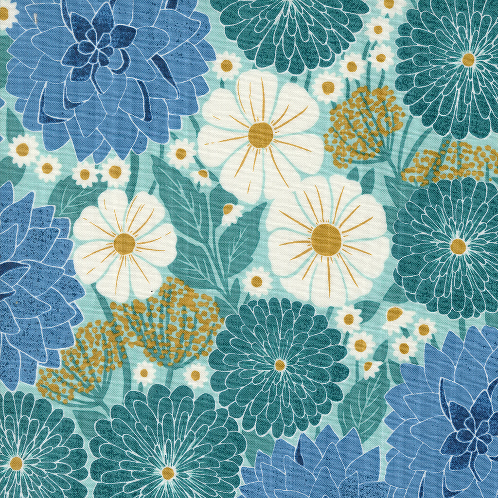 Field of Flowers Katharine Watson Moda Fabrics Dahlia and Zinnias Floral Robins Egg Blue Teal Gold White 