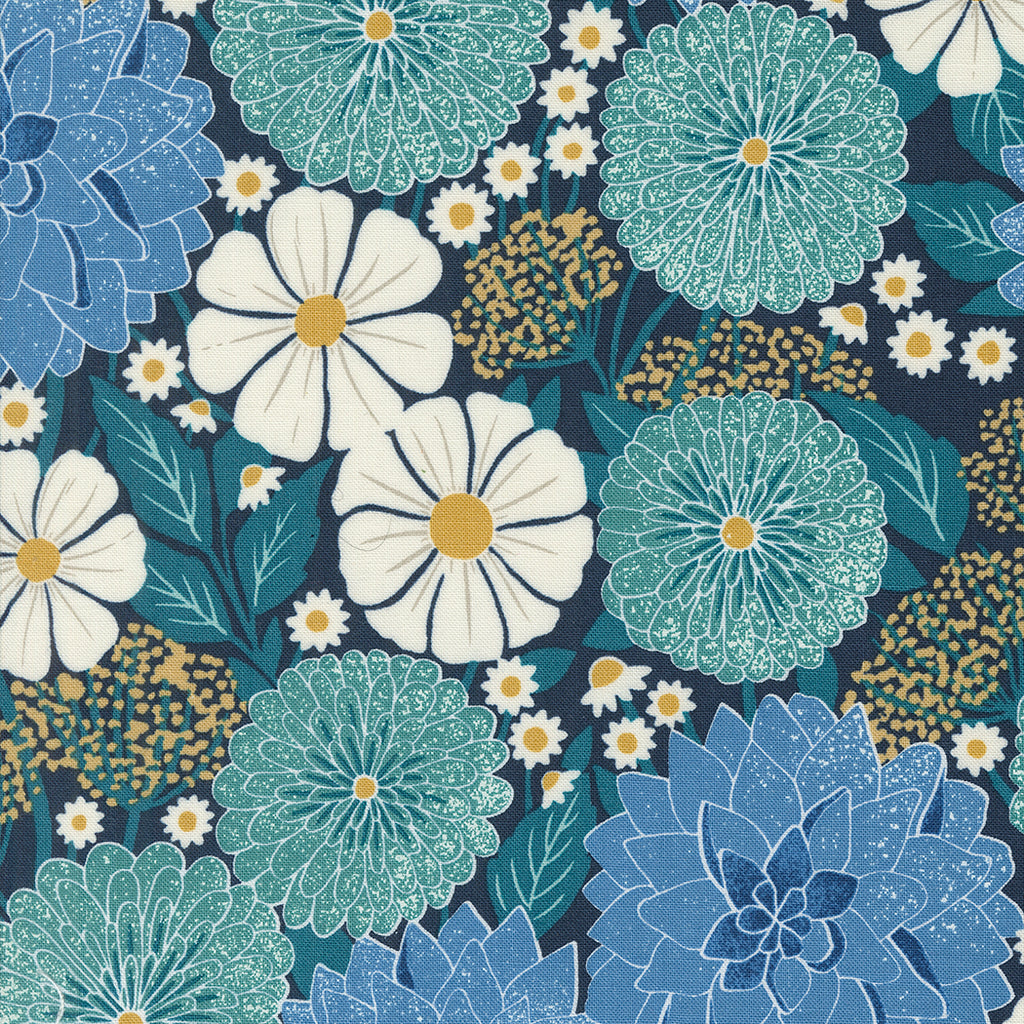 Field of Flowers Katharine Watson Moda Fabrics Dahlia and Zinnias Floral Navy Blue Teal Gold White Navy