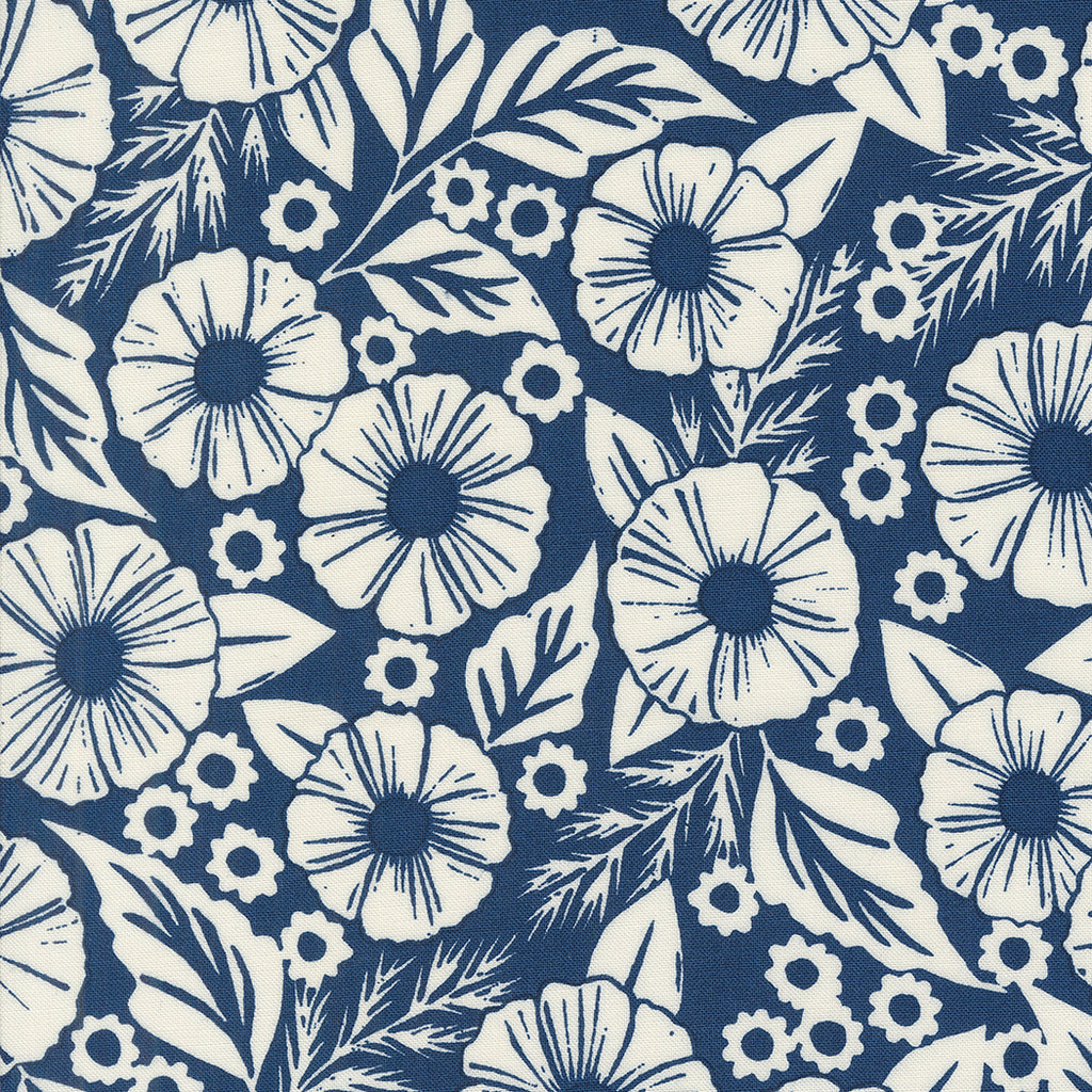 Field of Flowers Katharine Watson Moda Fabrics Flower Paper Florals Indigo White Navy