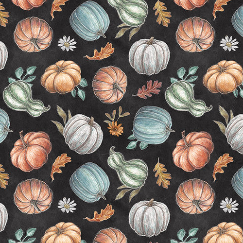 Blank Quilting  Lily Ford  Late Summer Harvest  Pumpkins Leaves  Orange Green Gray 