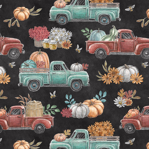 Blank Quilting  Lily Ford  Late Summer Harvest  Trucks Pumpkins Floral Bees, Honey Orange  Red  Green  White  Yellow  Dark Gray