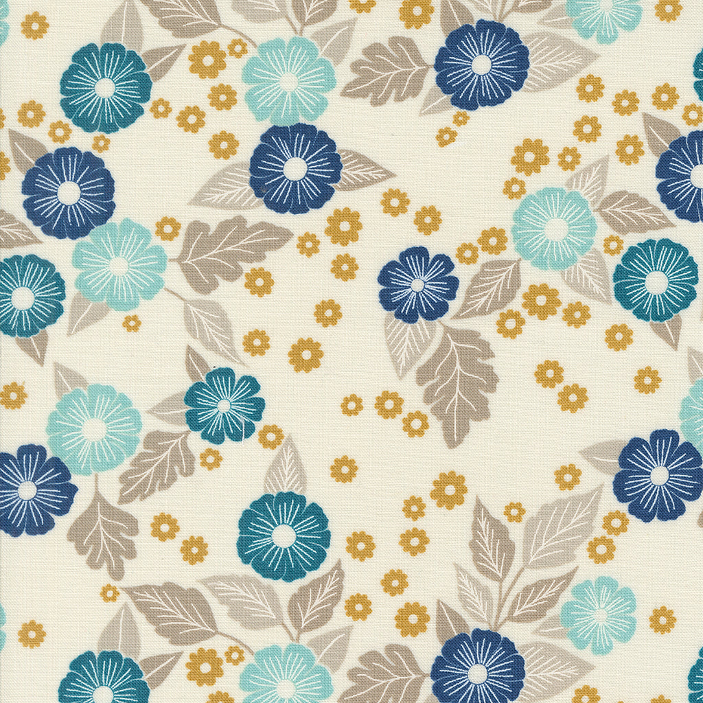 Field of Flowers Katharine Watson Moda Fabrics Floral Scatter Florals Porcelain White Gray Gold Blue