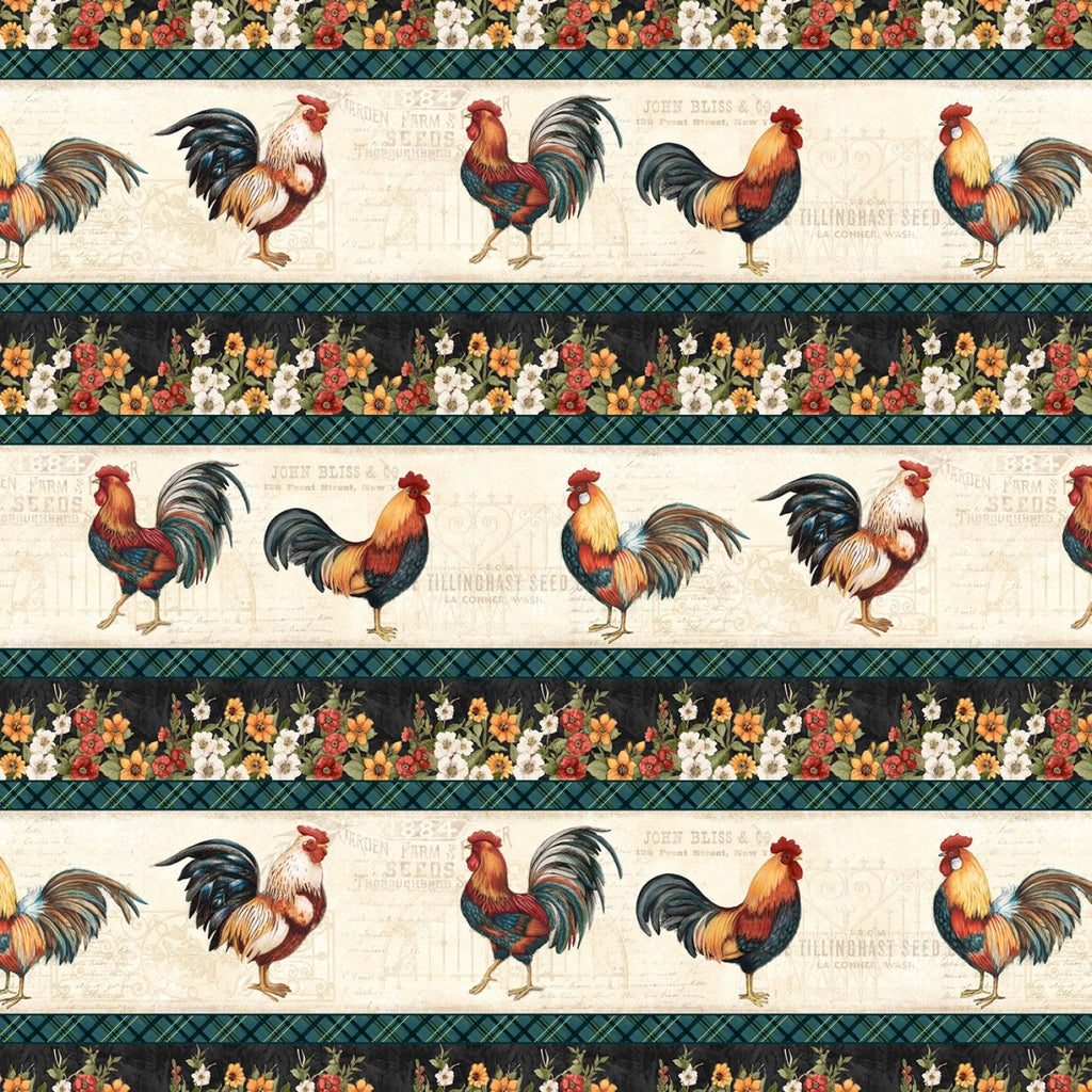 Garden Gate Roosters  Susan Winget  Wilmington Prints  Multi Repeating Stripe