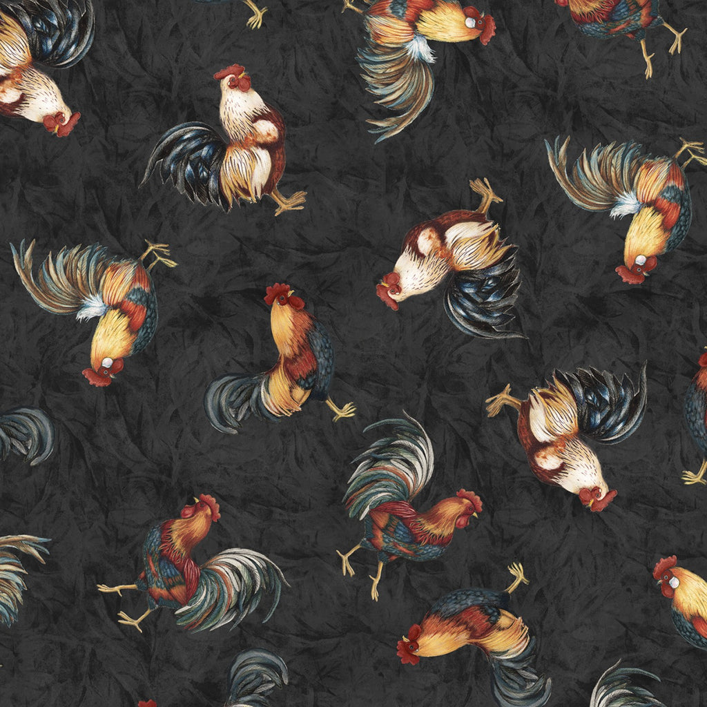 Garden Gate Roosters  Susan Winget  Wilmington Prints  Black Chicken All Over
