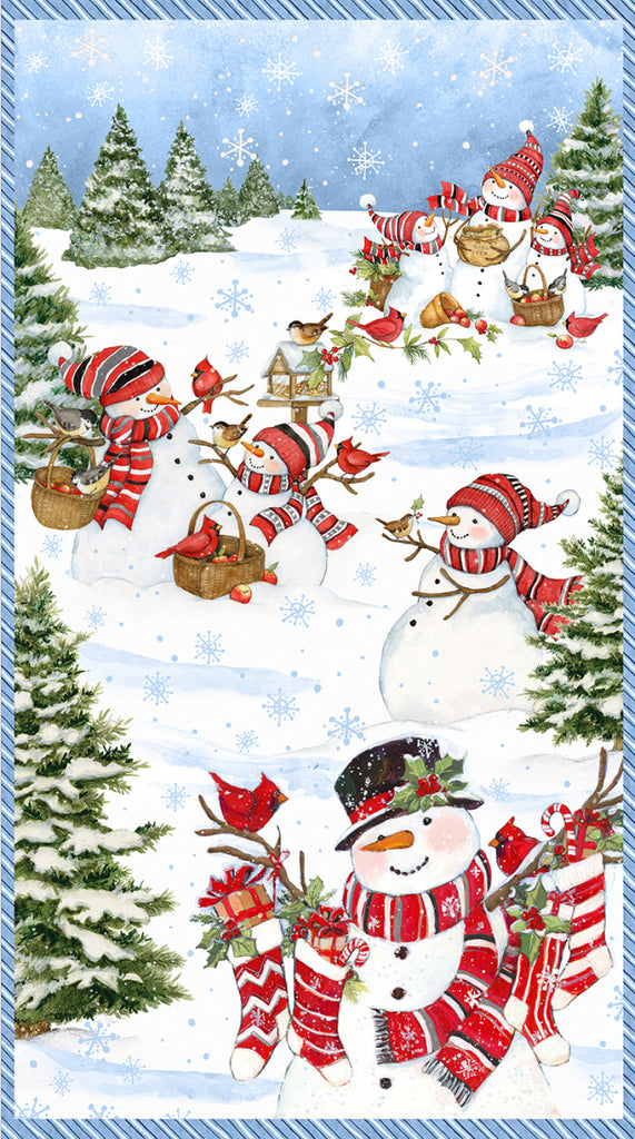 Frosty Frolic  Susan Winget  Wilmington Prints  Multi Large Panel  Snowmen  24"  Blue Red  White Green Black