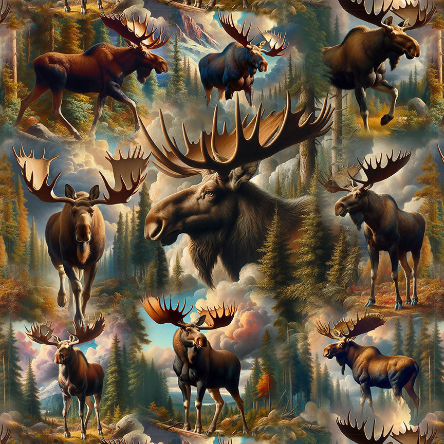 Wilderness Song - Blank Quilting - Marilyn Lee - Moose- Blue - Green - Rust - Brown - Tan 