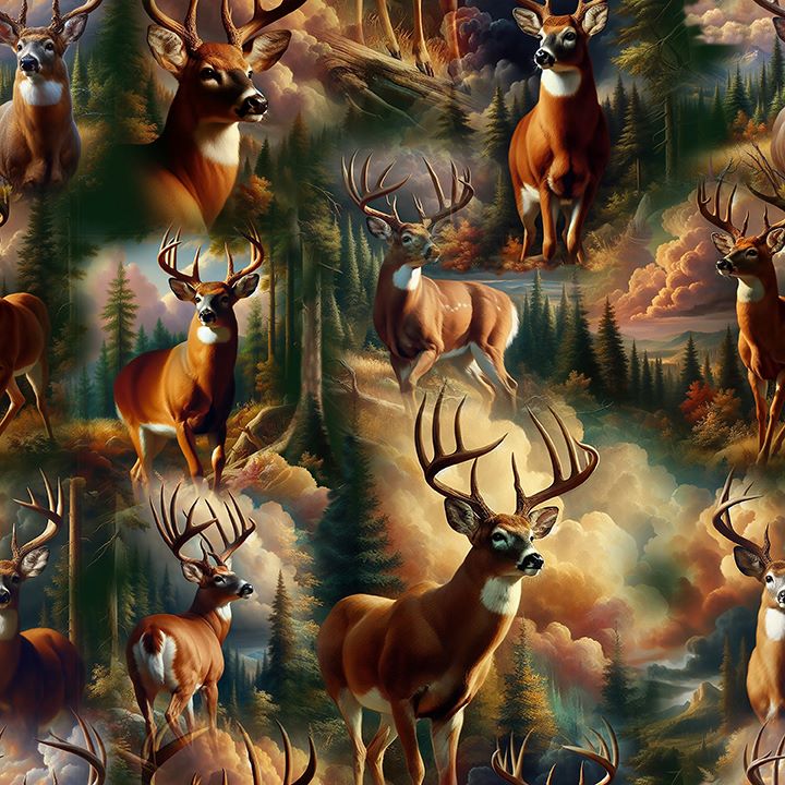 Wilderness Song - Blank Quilting - Marilyn Lee -White Tail Bucks- Blue - Green - Rust - Brown - Tan 