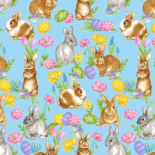 Spring Is Hare Blank Quilting  Blue  Bunnies  Lt. Blue  Yellow Pink  Purple  Brown  White  Gray