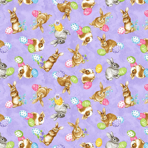 Scattered Bunnies on Purple  Spring Is Hare  Blank Quilting  Purple Brown Gray Green Pink  Blue  Yellow
