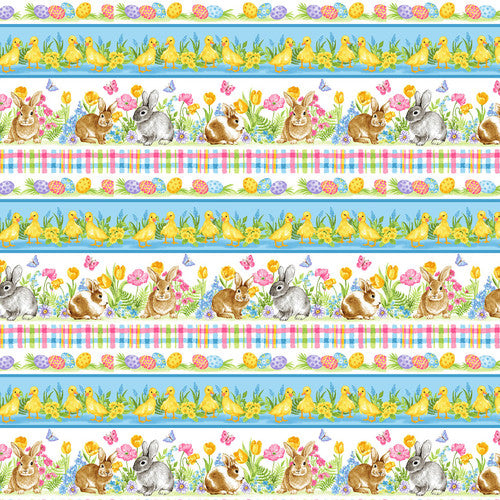 Border Stripe  Spring Is Hare  Blank Quilting Purple  Light Blue  Yellow  Pink Green Brown Gray