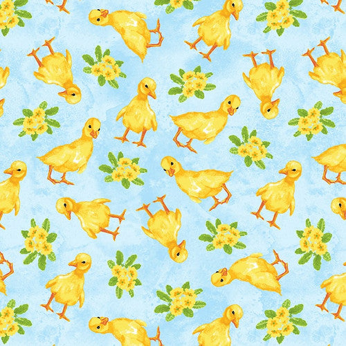 Tossed Ducks on Light Blue  Spring Is Hare  Blank Quilting  Light Blue  Yellow  Green