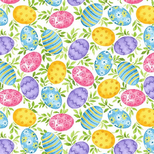 Tossed Eggs on White  Spring Is Hare  Blank Quilting  White  Green Purple  Blue  Pink  Yellow