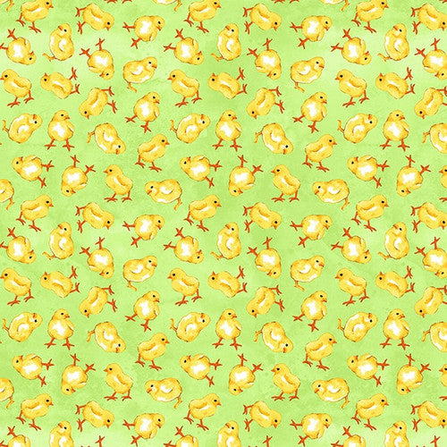 Tossed chicks on Green  Spring Is Hare  Blank Quilting  Green  Yellow