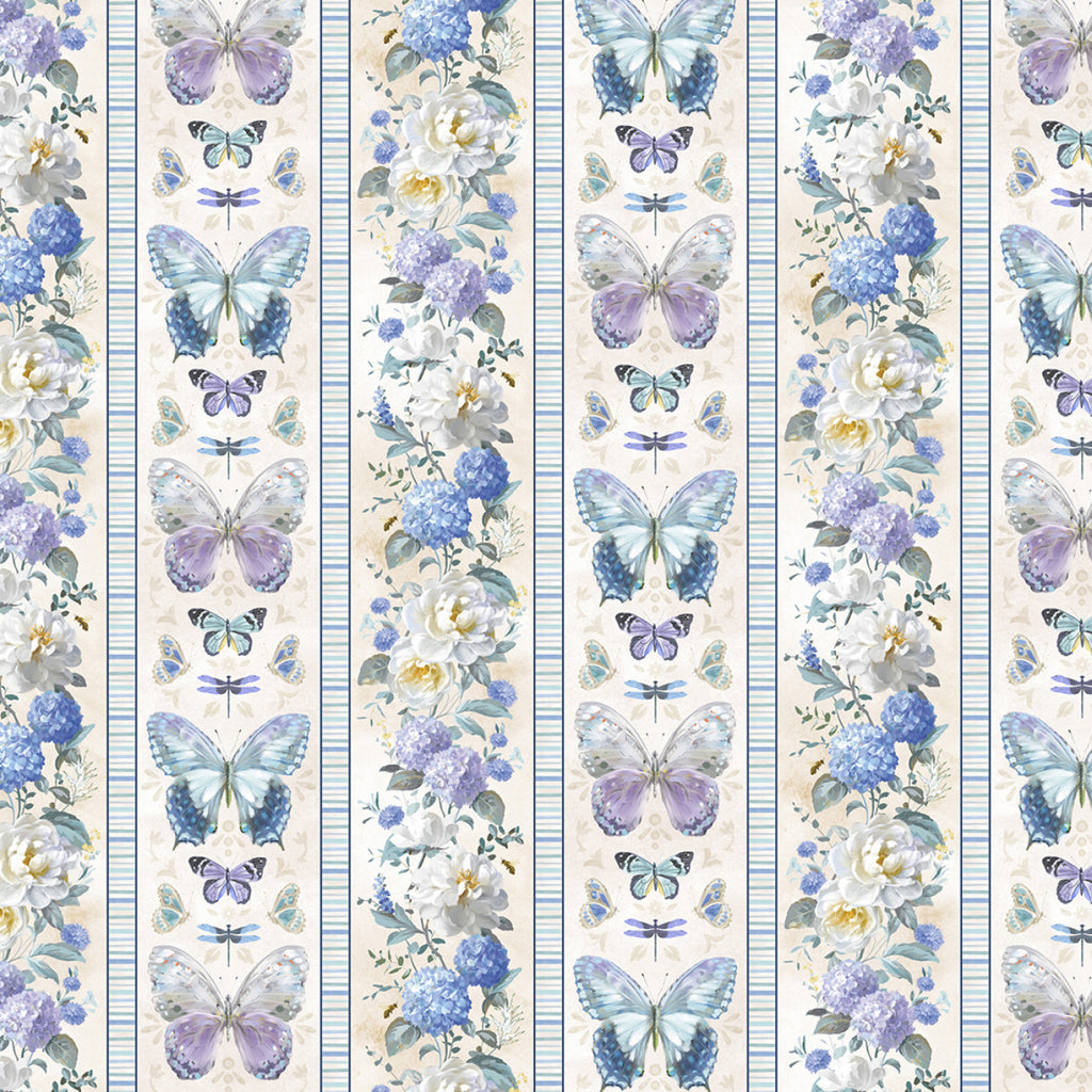 Morning Blooms - Wilmington Prints - Butterflies - Floral -Border Print - Dragonfly - Stripe