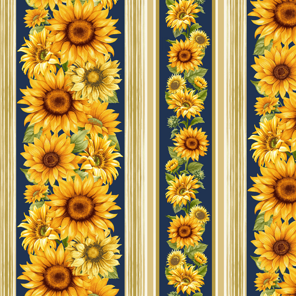 Sunflower Farm  - Susan Winget - Timeless Treasures - Sunflower Stripes - Navy - Beige - Yellow