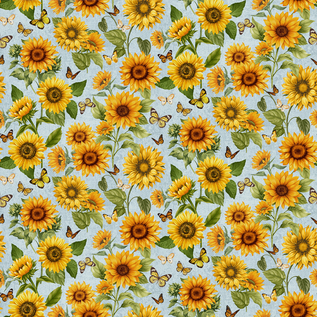 Sunflower Farm  - Susan Winget - Timeless Treasures - Sky Tossed Sunflowers- Green - Blue- Yellow