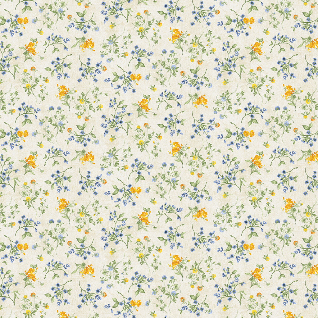 Sunflower Farm  - Susan Winget - Timeless Treasures - Cream Tiny Floral- Blue - Cream - Yellow