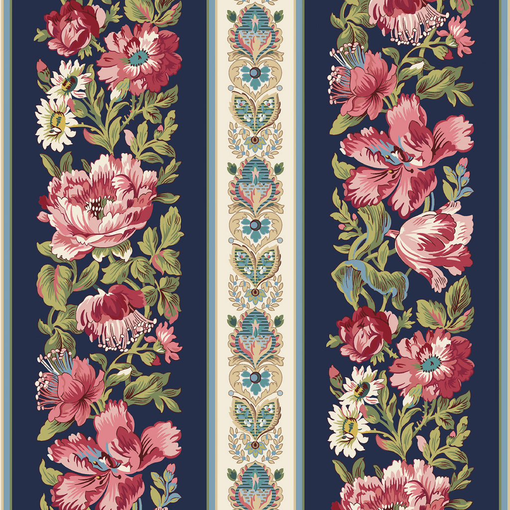Midnight Meadow  Smithsonian Institution Collection Marcus Fabrics  Navy Floral Stripe  Navy  Pink  Green  